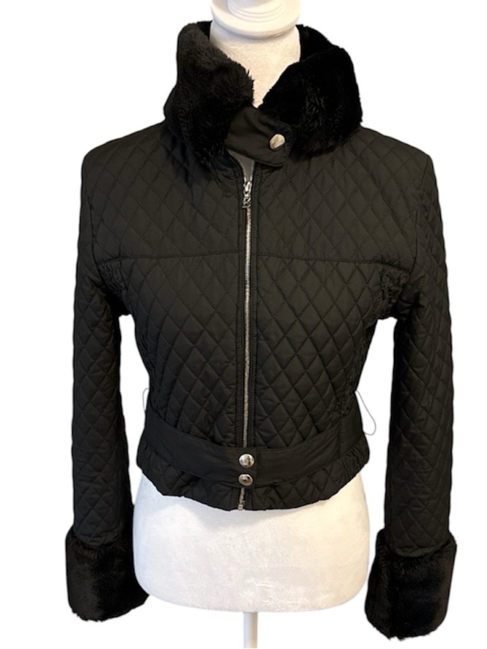 Vintage BOGNER Cropped Quilted Ski Jacket Black Faux Fur Trim Size 6